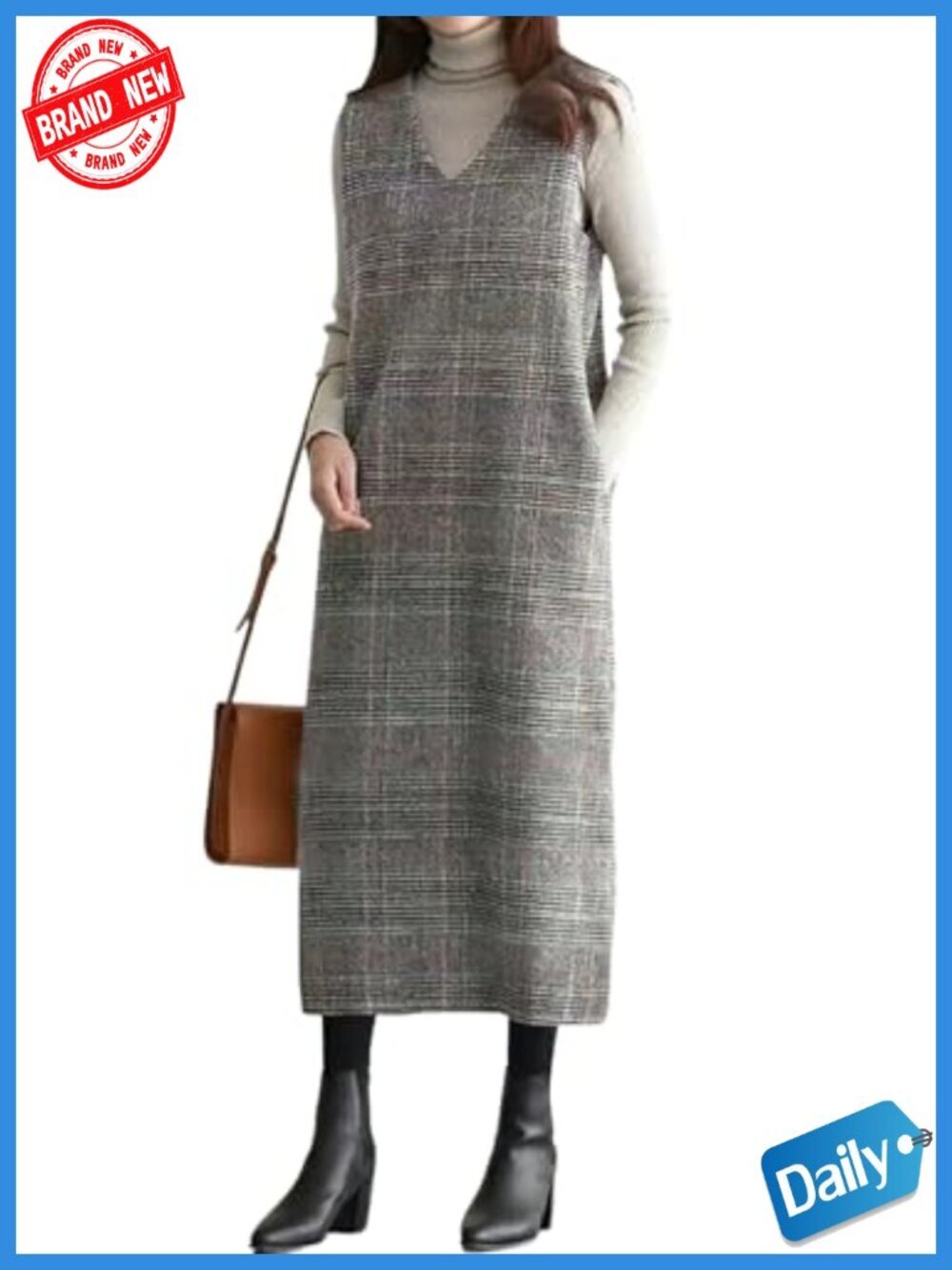 Plaid Wool Blend Sleeveless Midi Dress Business Casual A-Line Tank